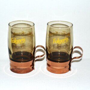 Pair Of Vintage Folgers Coffee Espresso Says Tia Maria Brown Glass Copper Bottom